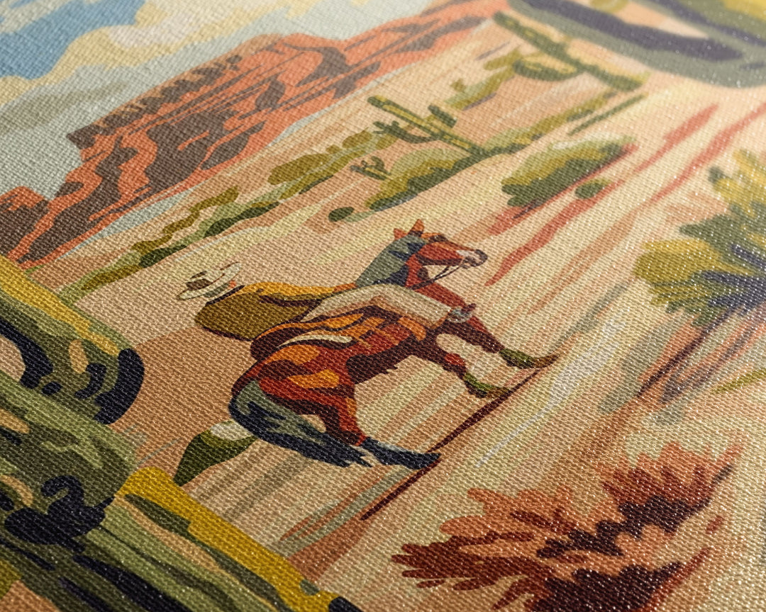 Cowboy Riding in Desert Landscape with Cacti - Framed Canvas Print, Western Art, Southwestern Decor, Desert Scene Wall Art for Home