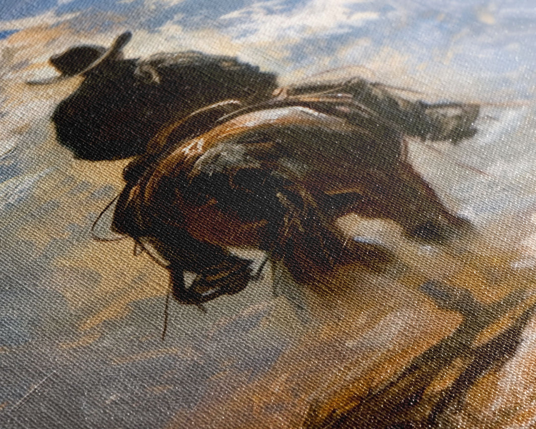 Cowboy Silhouette Riding Through the Plains - Framed Canvas Print, Western Art, Rustic Decor, Living Room Wall Art, Cowboy Themed Art