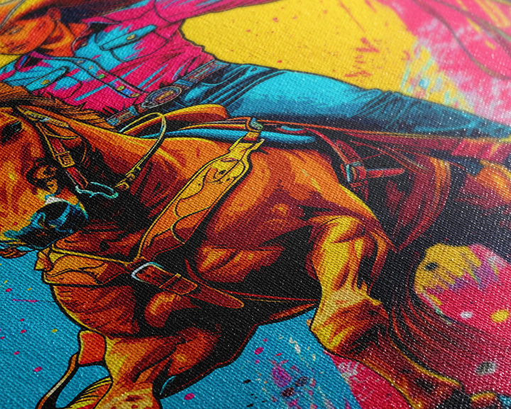 Bold Pop Art Cowgirl Riding Horse with Bright Colors - Framed Canvas Print, Equestrian Decor, Cowgirl Art for Bedroom, Living Room Wall Art