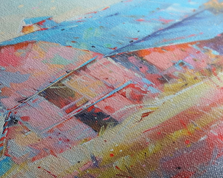 Charming Barn with Blue Roof in Pastel Colors - Framed Canvas Print, Rustic Farmhouse Decor, Country Art for Home, Living Room Wall Art