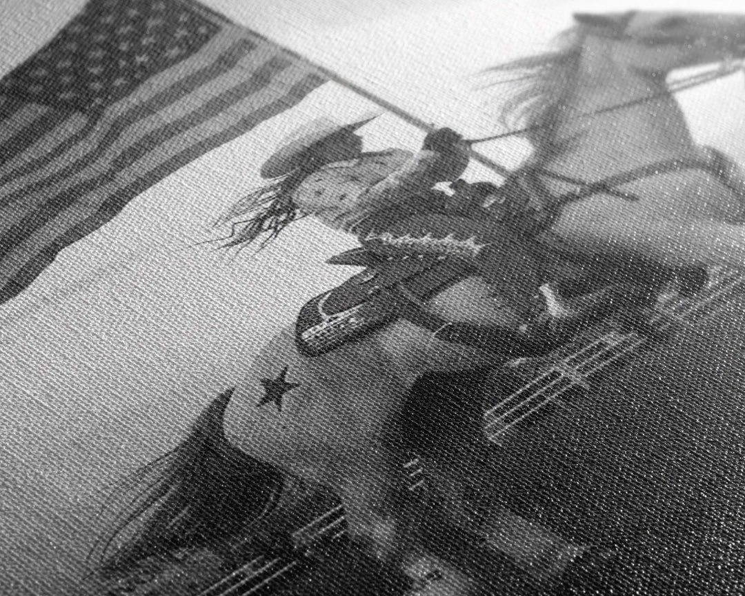 Cowgirl with American Flag Art Print, Western Rodeo Framed Canvas, Vintage Black and White Photography, Unique Home Decor