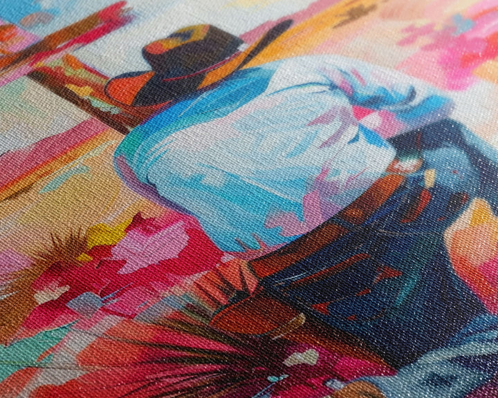 Cowboy Praying by the Cross in Vibrant Colors - Framed Canvas Print, Colorful Western Decor, Modern Cowboy Wall Art for Living Room Bedroom