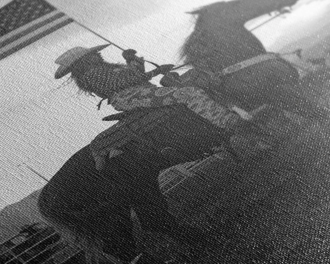 Cowgirl Riding with Flag Art Print, Western Rodeo Framed Canvas, Vintage Black and White Photography, Unique Home Decor