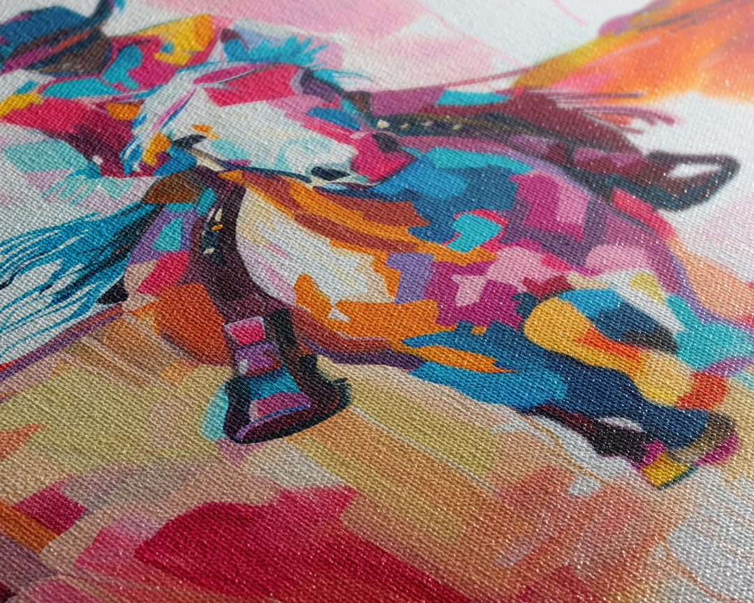 Colorful Cowboy on Horseback Art - Framed Canvas Print, Western Decor, Dynamic Living Room Wall Art, Horse Rider Artwork