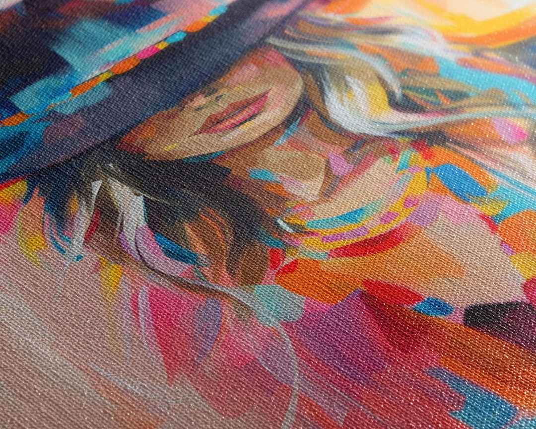 Modern Cowgirl in Hat Art - Framed Canvas Print, Stylish Bedroom Wall Art, Vibrant Living Room Decor, Contemporary Cowgirl Portrait