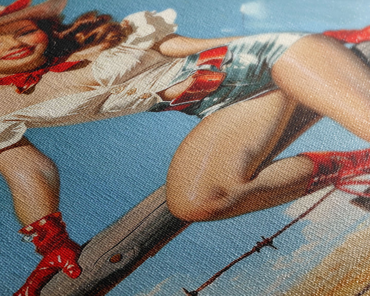 Retro Cowgirl Pin-Up Art Print, Framed Canvas Western Decor, Vintage Pin-Up Girl in Red Boots, Classic Western Artwork for Home