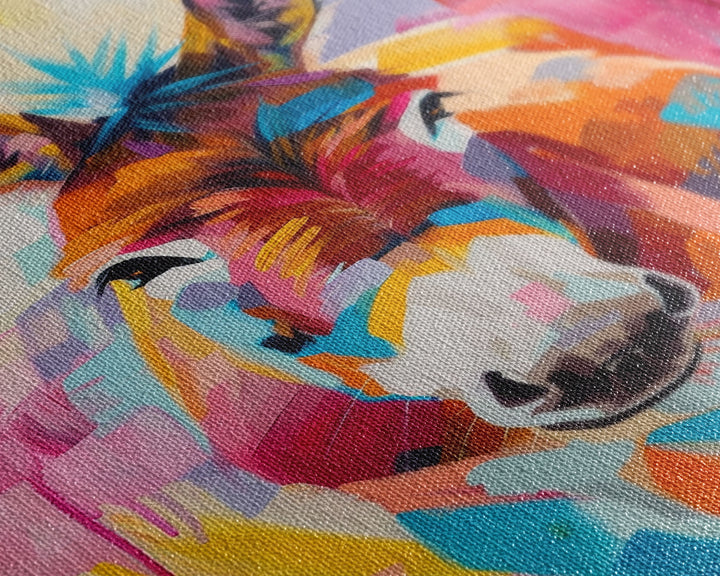 Vibrant Donkey Close-up Art - Framed Canvas Print, Southwestern Decor, Colorful Living Room Wall Art, Modern Animal Portrait
