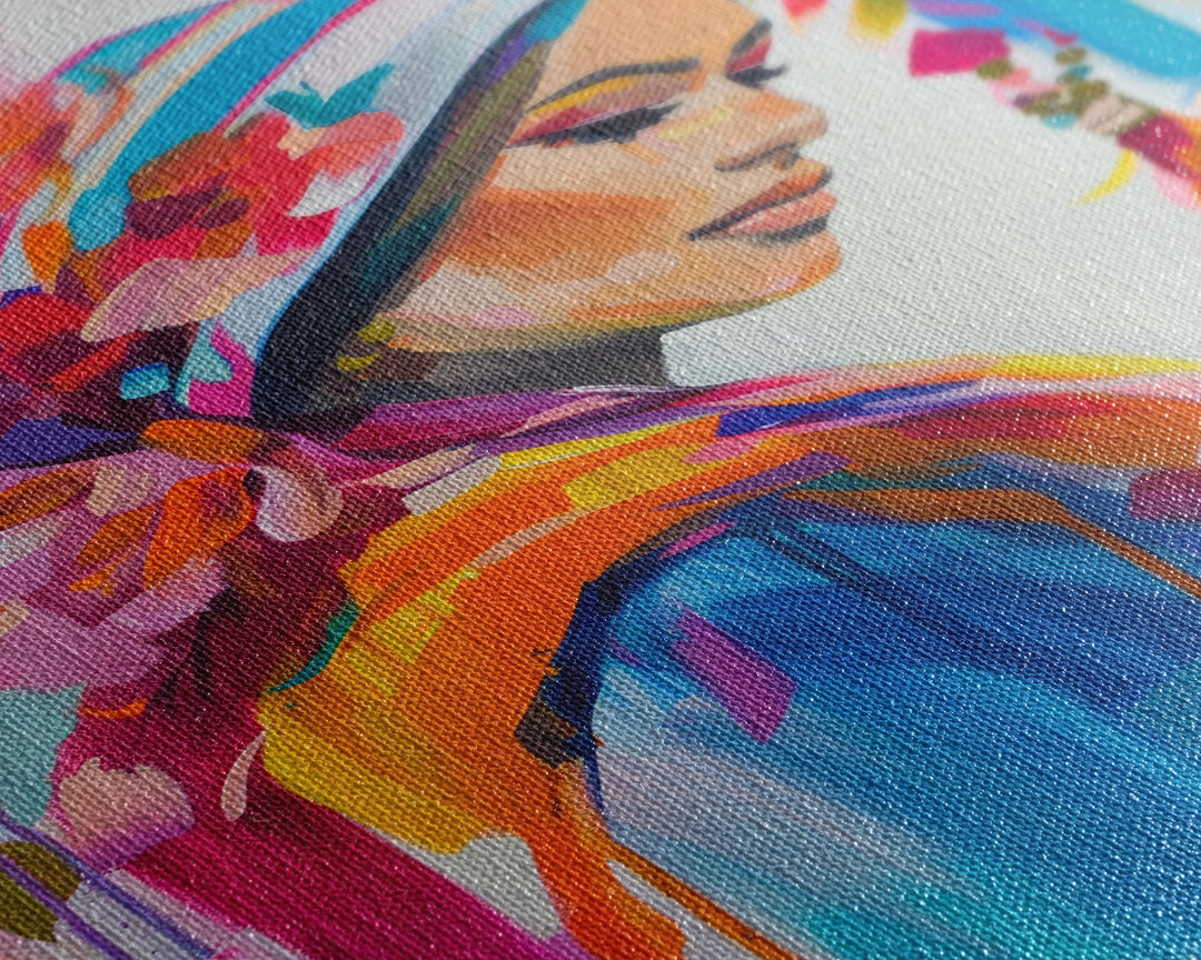 Portrait of Woman in Floral Headscarf Framed Canvas Print - Elegant Wall Art, Feminine Living Room Decor, Artistic Bedroom Art