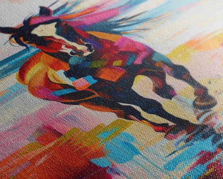 Horse on Beach in Bold Colors Framed Canvas Print - Beach Horse Wall Art, Colorful Living Room Decor, Bedroom Art, Coastal Equestrian Art