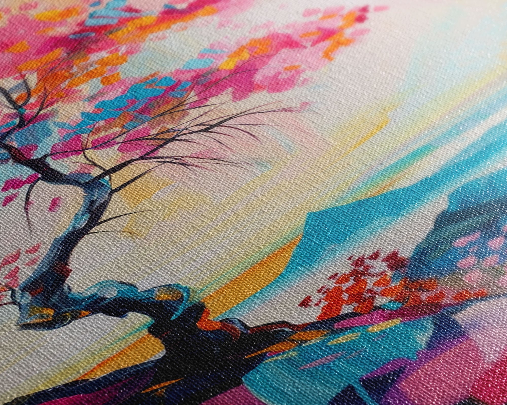 Colorful Tree on a Cliff - Framed Canvas Print, Vibrant Wall Art, Living Room Decor, Modern Nature Artwork, Bold Tree Art, Bedroom Decor