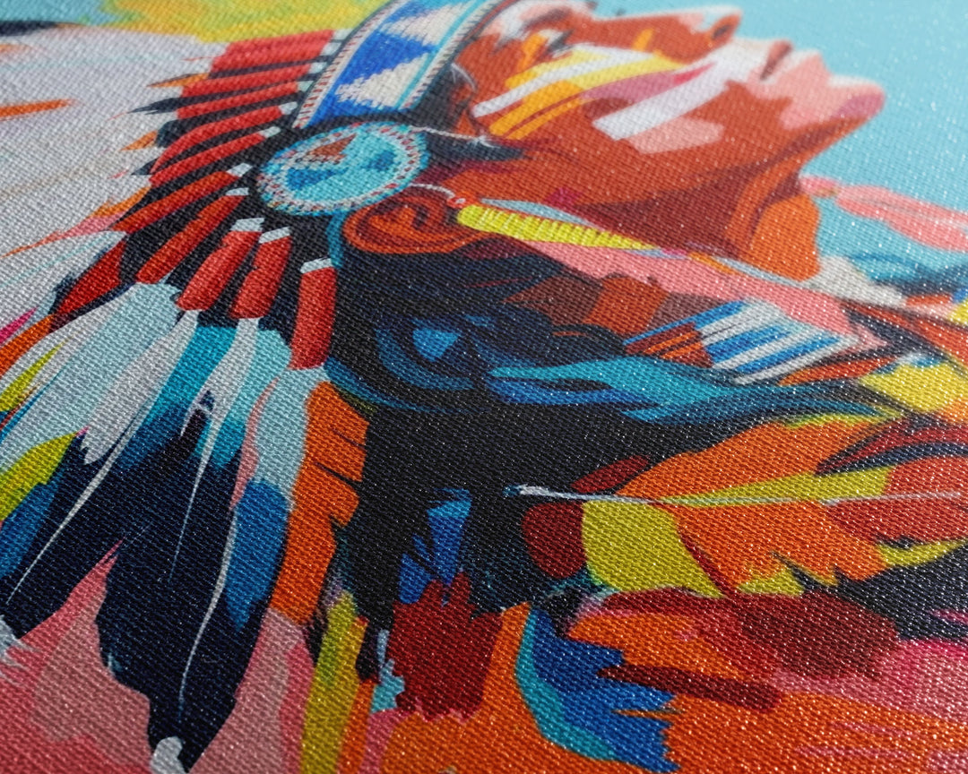 Colorful Native American Portrait - Framed Canvas Print, Vibrant Wall Art, Modern Living Room Decor, Bold Cultural Artwork, Native Art Print