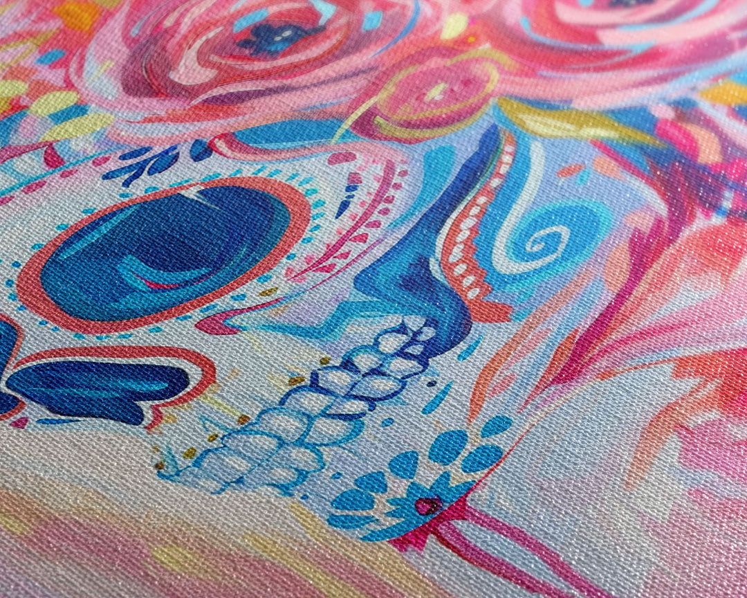 Floral Sugar Skull Framed Canvas Print - Day of the Dead Art, Colorful Wall Art, Living Room Decor, Mexican Folk Art for Bedroom