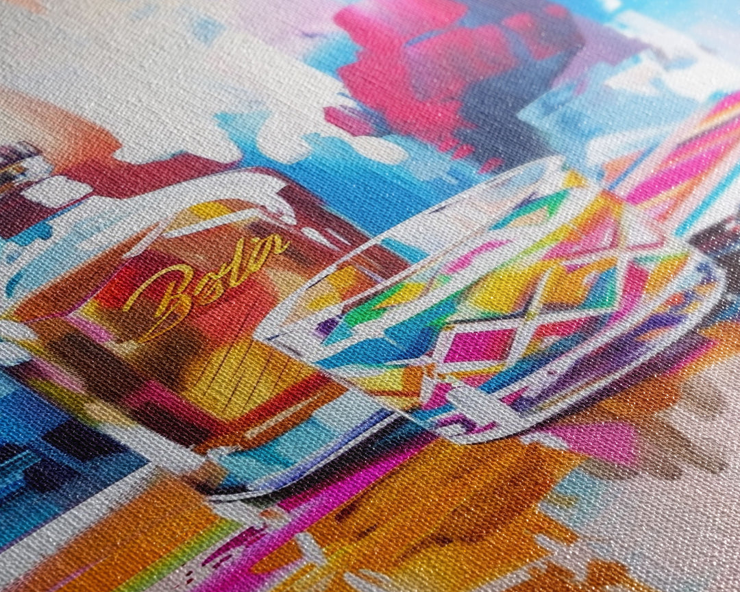 Colorful Whiskey Bottle and Glass Framed Canvas Print - Modern Bar Art, Living Room Decor, Vibrant Wall Art for Home Decoration