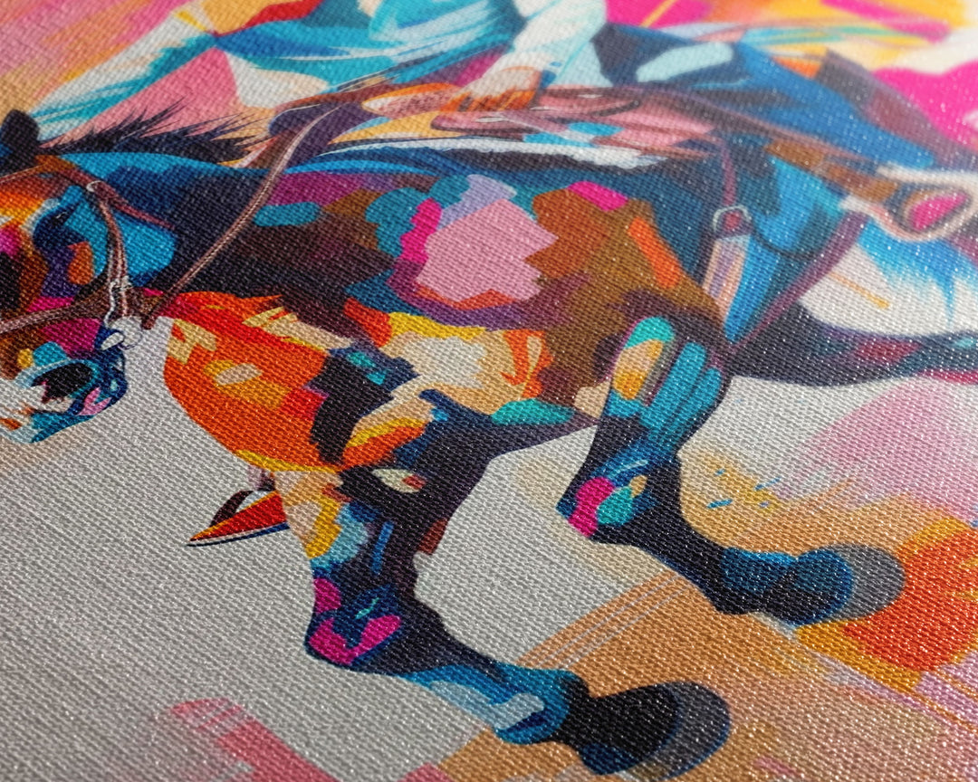 Colorful Cowboy Riding Horse Art - Framed Canvas Print, Vibrant Western Decor, Unique Living Room Wall Art, Home Decor