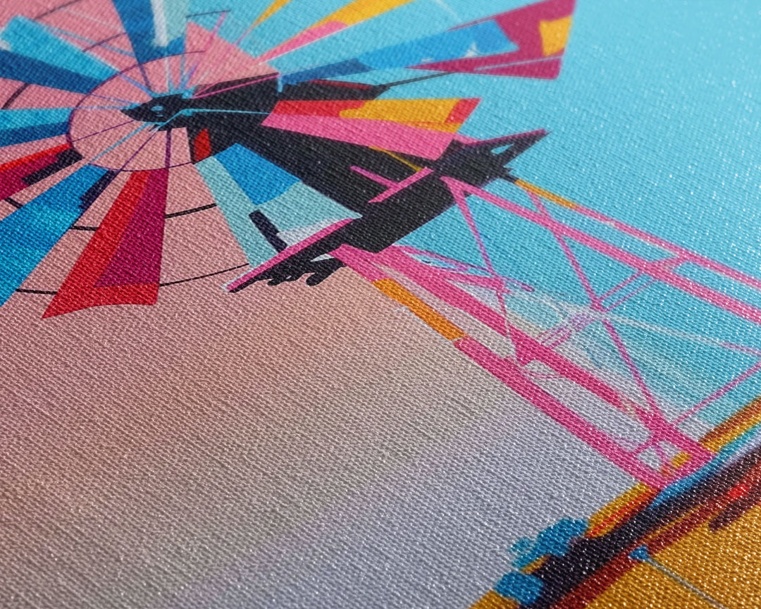 Bright Windmill Abstract Art - Framed Canvas Print, Whimsical Windmill Decor, Colorful Farmhouse Wall Art, Unique Living Room Decor