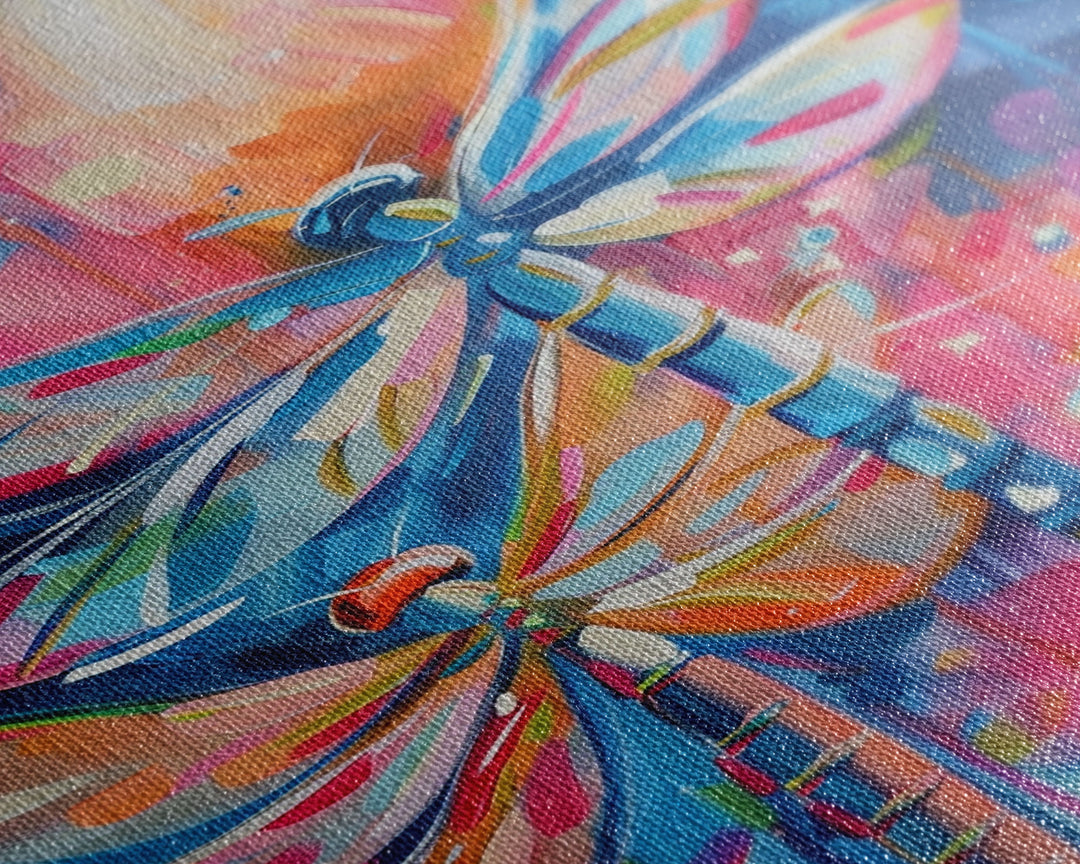 Vibrant Dragonflies in Abstract Background - Framed Canvas Print, Nature-Inspired Art, Colorful Insect Decor, Living Room Wall Art