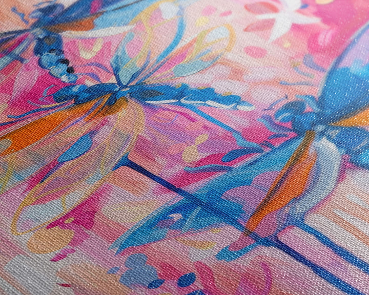 Abstract Dragonfly Trio in Vibrant Colors - Framed Canvas Print, Colorful Nature Art, Living Room Decor, Bedroom Wall Art