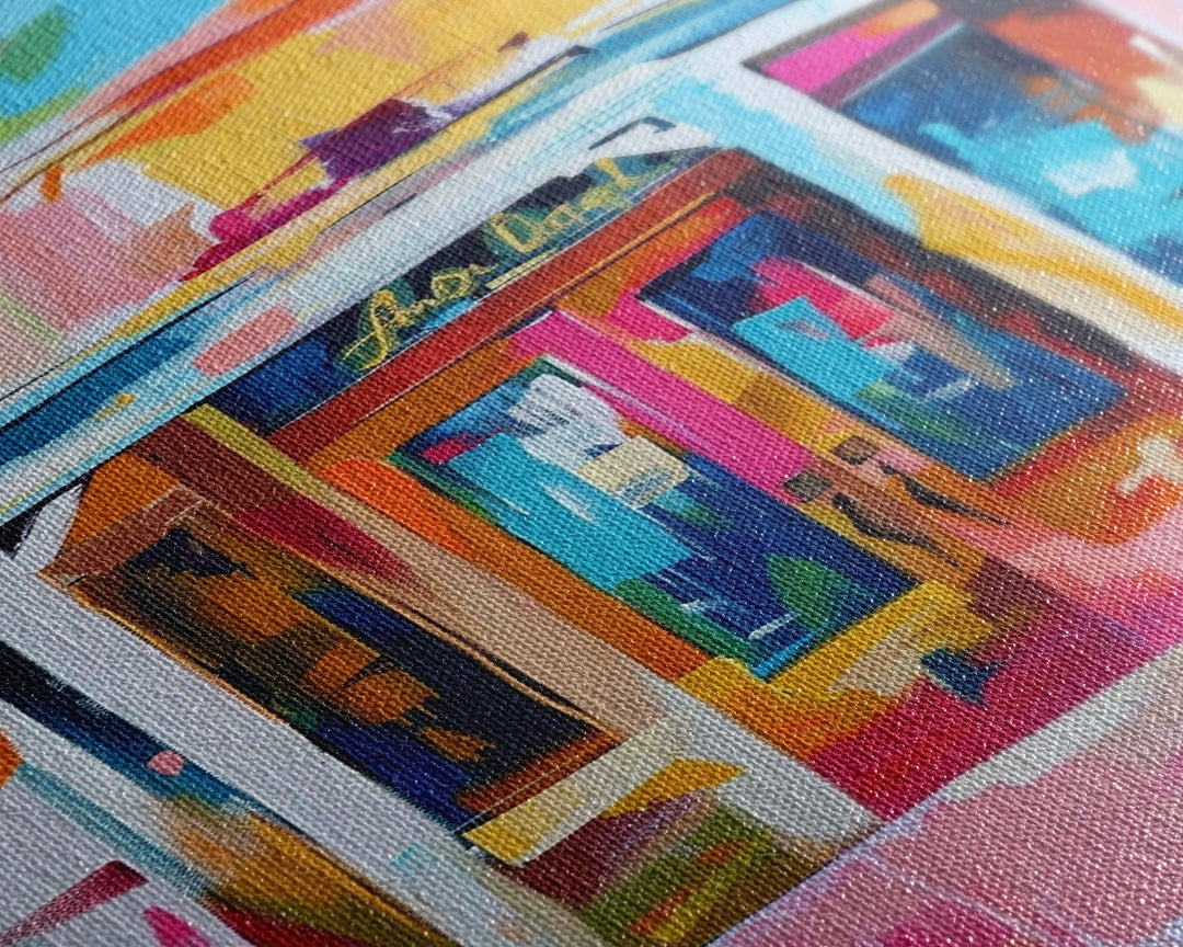 Colorful Abstract Storefront - Framed Canvas Print, Urban Landscape Art, City Vibes Decor for Home or Office