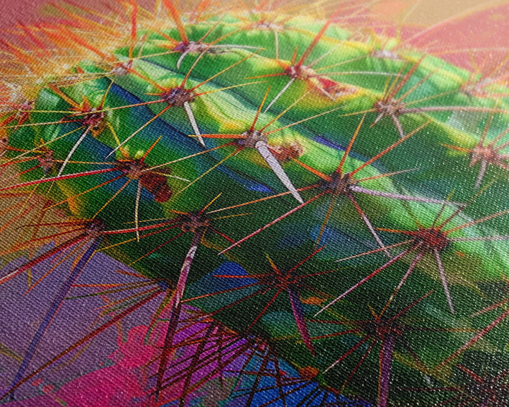 Green Cactus with Orange Spines on Colorful Background - Framed Canvas Print, Bright Desert Decor, Bedroom Art, Cactus Wall Art