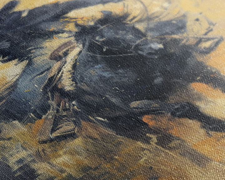 Dynamic Cowboy on Horseback Framed Canvas Print - Energetic Western Decor, Action Wall Art for Living Room, Bedroom