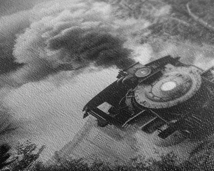 Steam Locomotive in the Forest Black and White Photography - Framed Canvas Print, Railroad Art, Vintage Train Wall Art for Home