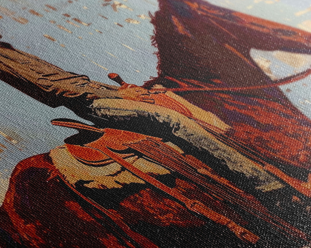 Cowboy on Horse with Rustic Background, Stunning Wall Art, Framed Canvas Print, Boho Bedroom Decor, Western Home Decoration