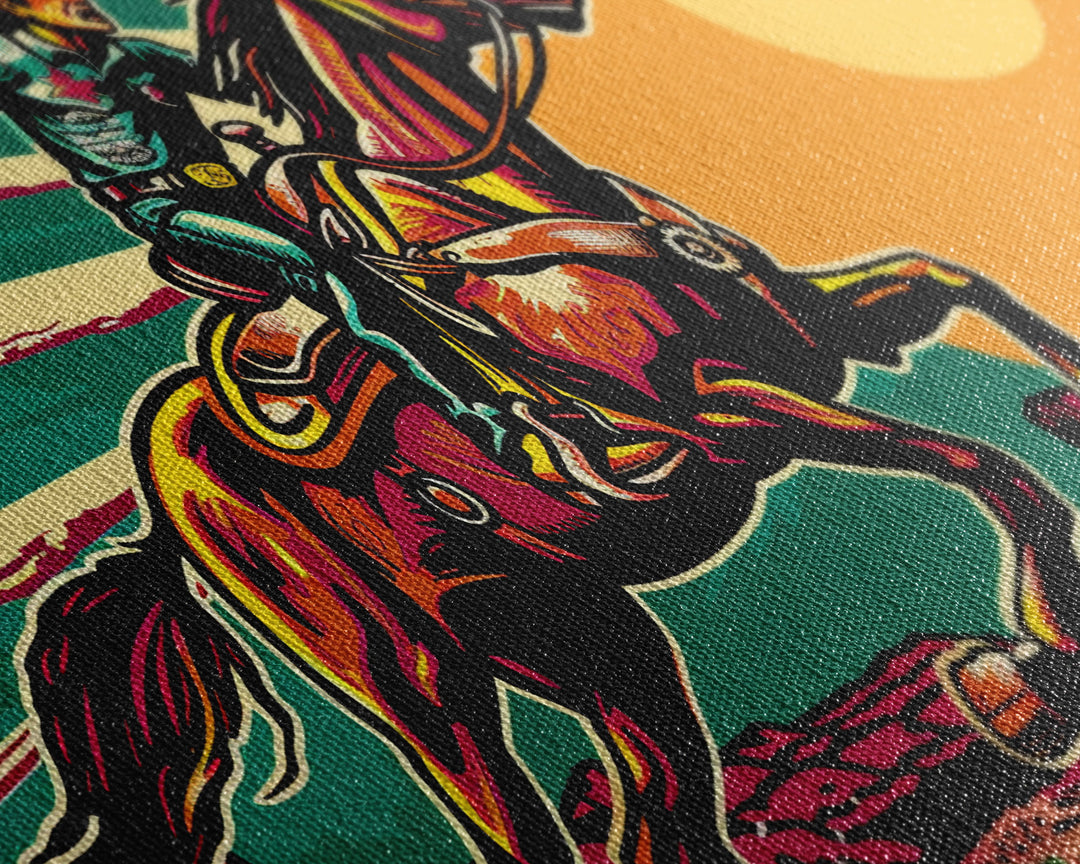 Vintage Cowboy Riding Horse, Western Sunset Wall Art, Framed Canvas Print, Rustic Decor, Cowboy Art, Country Living Room