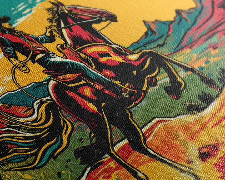 Cowboy Galloping in Desert, Vibrant Sunset Western Art, Framed Canvas Print, Farmhouse Decor, Colorful Wall Art, Cowboy Theme