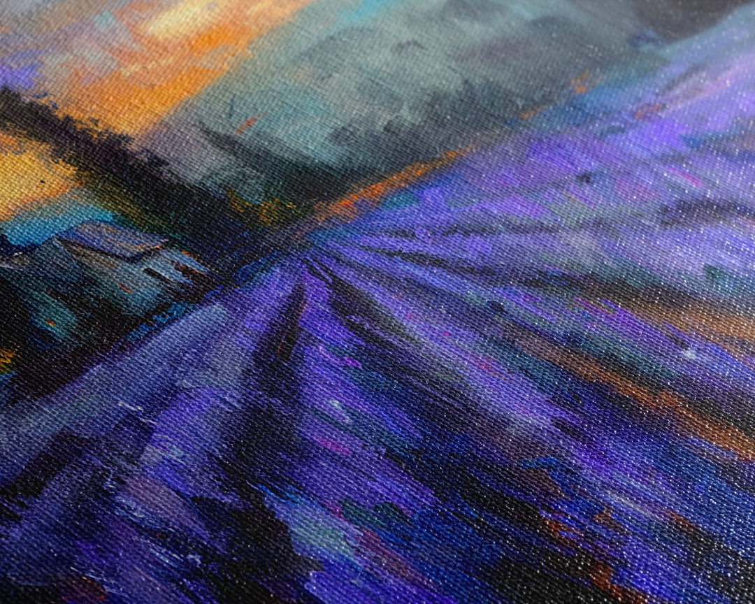 Lavender Field with Cottage, Warm Sunset Colors, Framed Canvas Print, Rustic Decor, Country Wall Art, Farmhouse Vibes