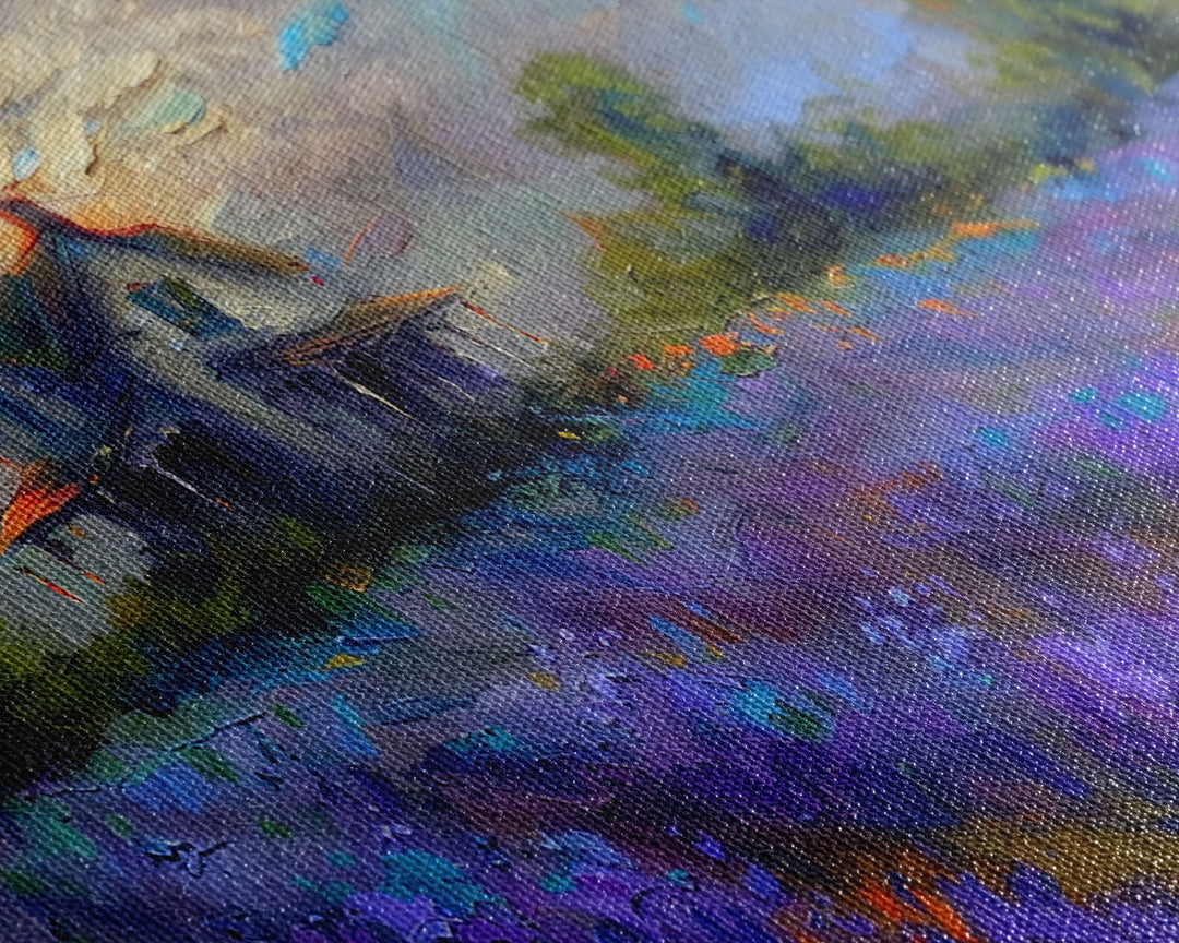 Country Cottage in Lavender Field, Impressionist Style, Framed Canvas Print, Farmhouse Decor, Cozy Art, Rustic Living Room