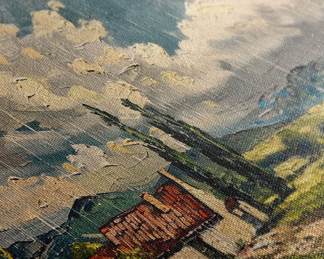 Rainy Day Over Cottage, Textured Landscape Art, Framed Canvas Print, Boho Decor, Farmhouse Style, Moody Wall Art