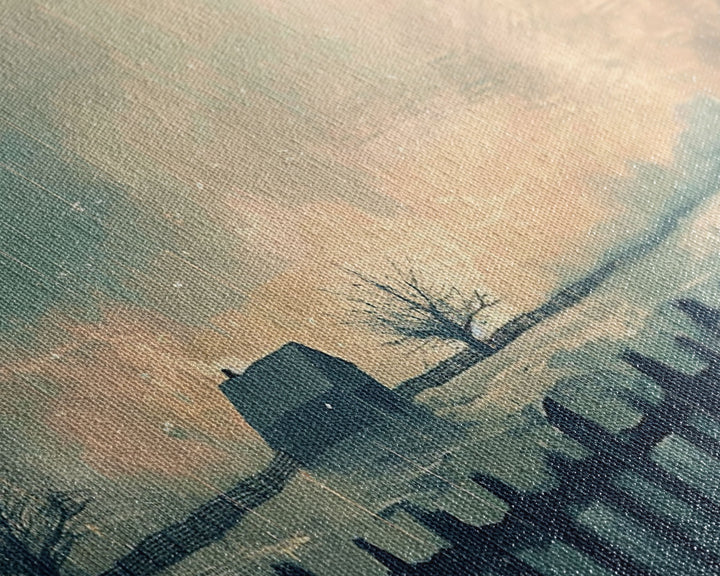 Winter Farmhouse in Snowy Landscape, Framed Canvas Print, Minimalist Wall Art, Living Room Art, Bedroom Decor, Winter Scene