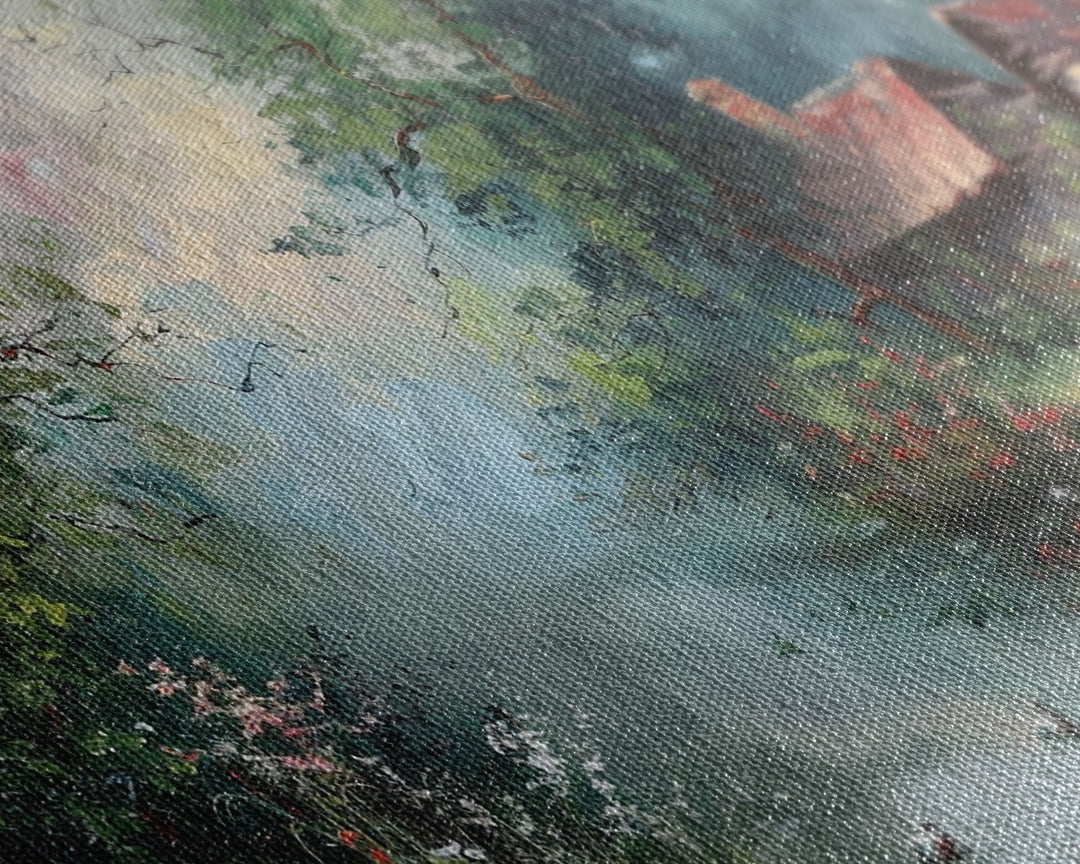 Serene River Cottage with Flowers, Framed Canvas Print, Farmhouse Style, Living Room Decor, Bedroom Art, Nature Scene