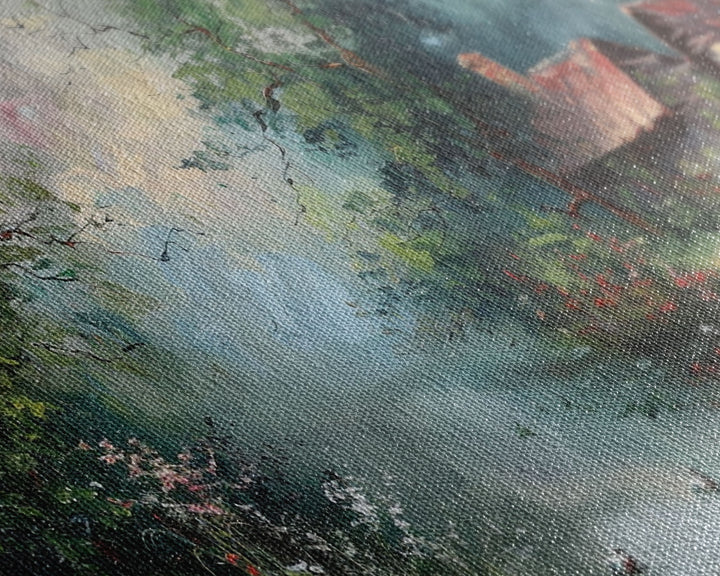 Serene River Cottage with Flowers, Framed Canvas Print, Farmhouse Style, Living Room Decor, Bedroom Art, Nature Scene