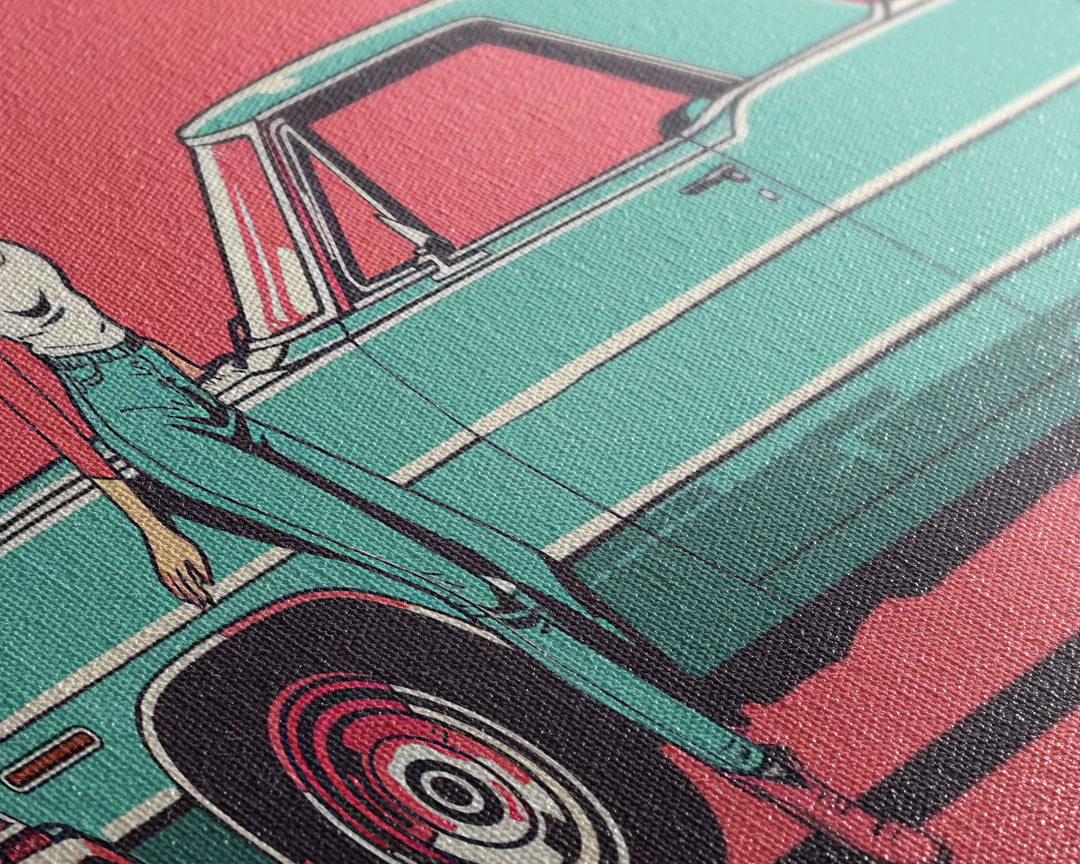 Cowgirl Leaning Against Classic Car in Pop Art Style, Vibrant Framed Canvas Print for Bedroom, Perfect Living Room Wall Art