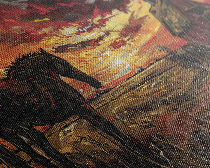 Dark Horse at Sunset with Barn, Stunning Abstract Art, Framed Canvas Print, Boho Wall Art, Bedroom Decor, Unique Home Decoration