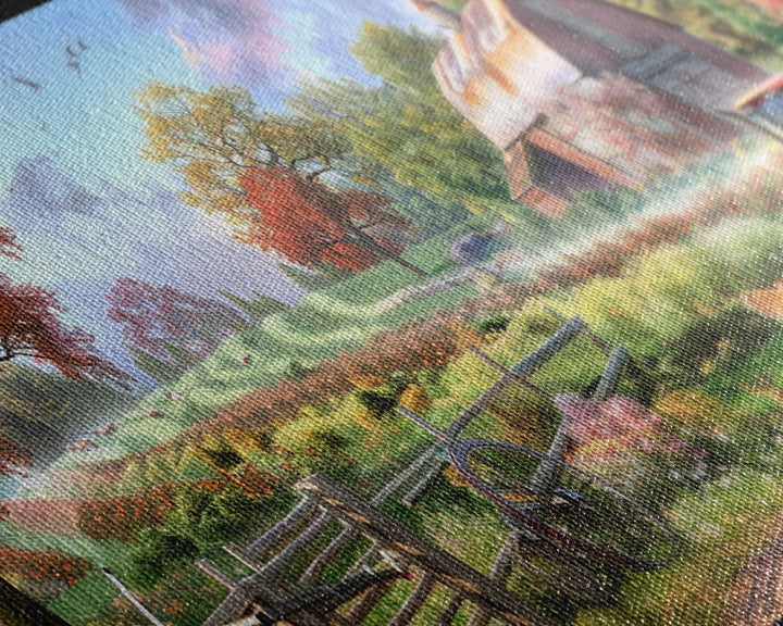 Tranquil Farm Scene with Red Barn and Tractor, Idyllic Rural Art, Framed Canvas Print, Country Wall Decor, Living Room Decoration