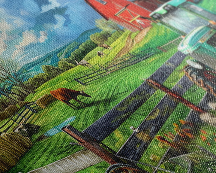 Green Tractor and Red Barn in Lush Fields, Perfect Farmhouse Art, Framed Canvas Print, Rural Wall Decor, Living Room Decoration