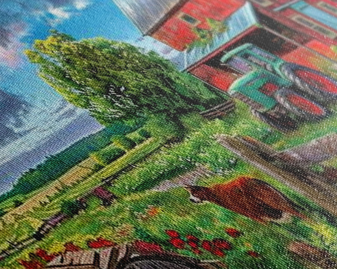 Rustic Barn with Green Tractor in Field, Stunning Country Art, Framed Canvas Print, Farmhouse Wall Decor, Living Room Decoration