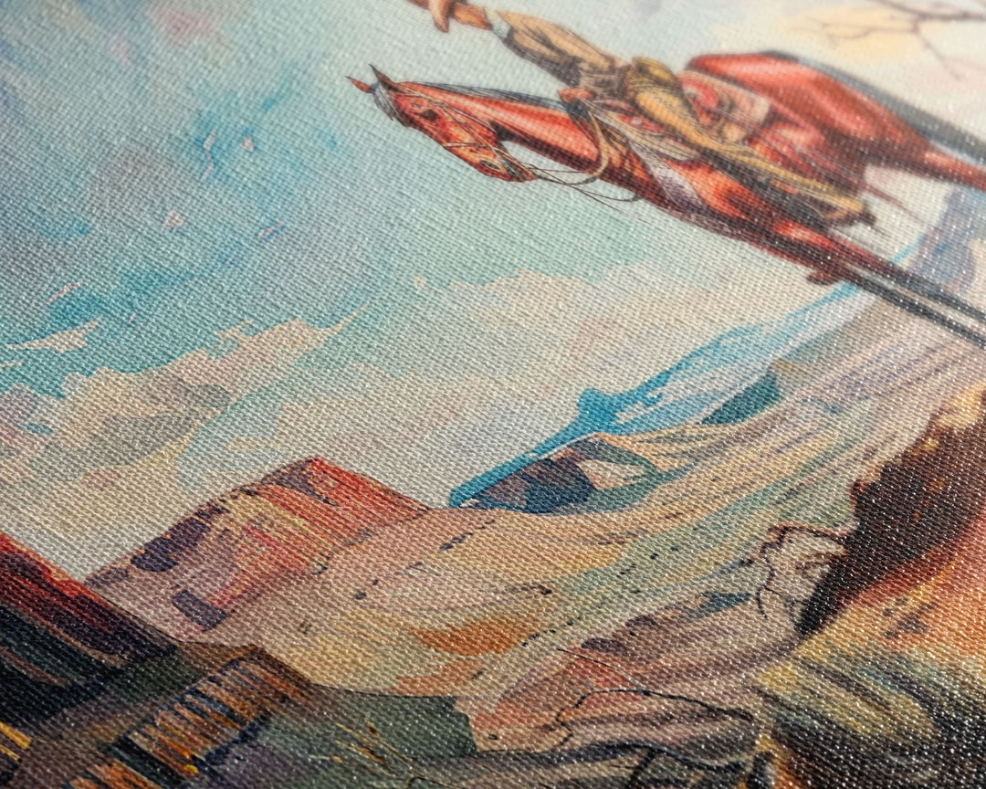 Cowboy on Horse Overlooking Canyon, Majestic Western Art, Framed Canvas Print, Boho Wall Art, Living Room Decor, Home Decoration