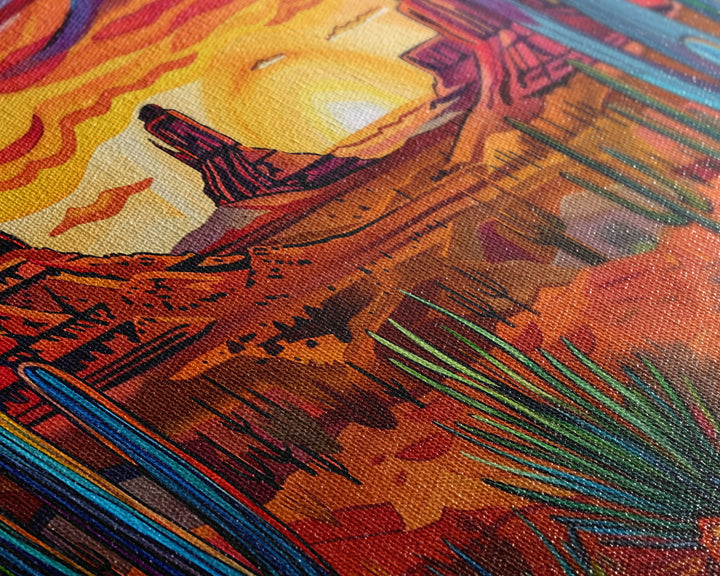 Colorful Desert Evening with Cacti and Mountains, Framed Canvas Print for Bedroom Art, Great for Boho and Southwestern Decor