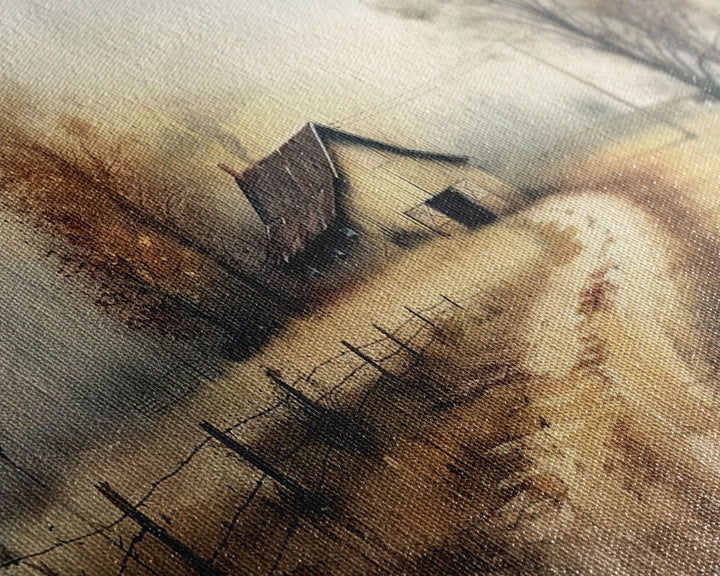 Misty Morning Farmhouse with Winding Path, Beautiful Framed Canvas Print for Bedroom, Boho Wall Art, Countryside Decor