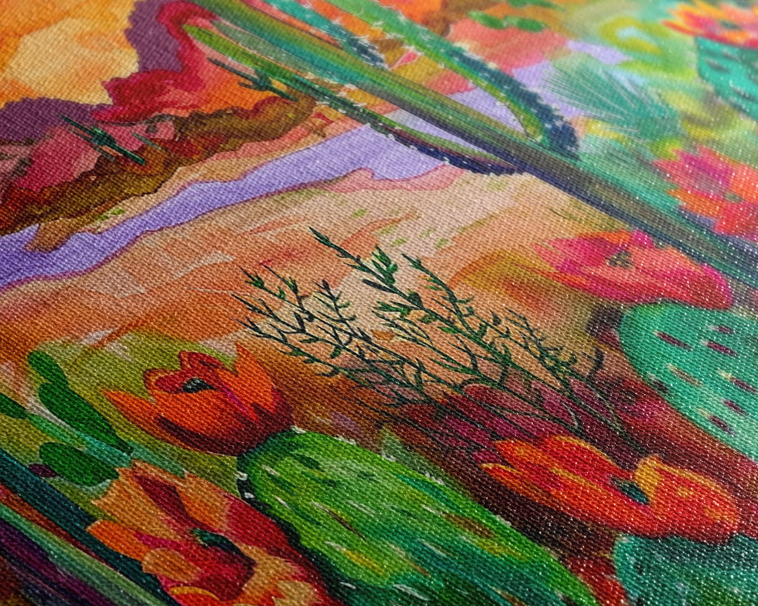 Majestic Cacti and Mountains at Sunset, Captivating Framed Canvas Print for Bedroom, Southwestern Style Wall Art, Nature Scene