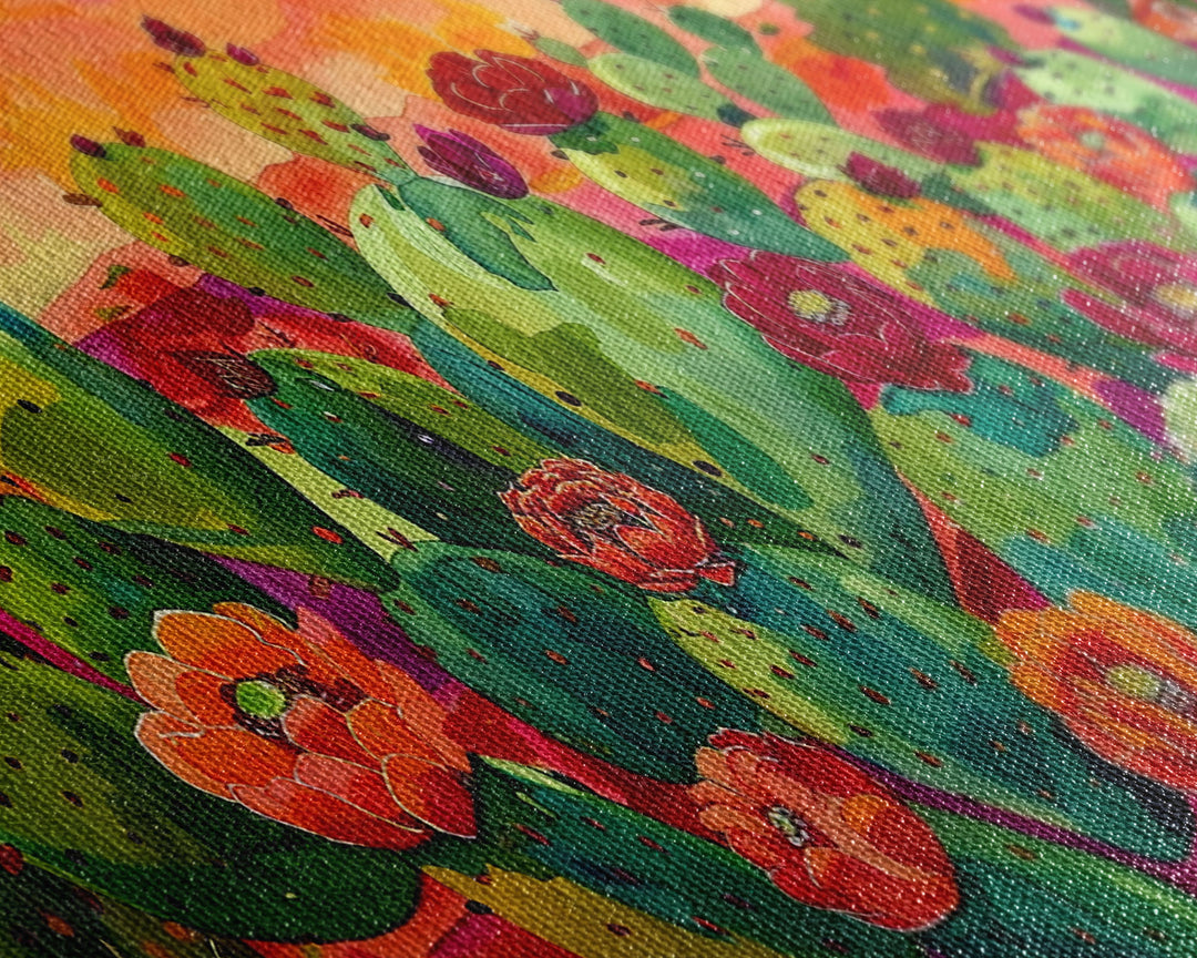 Bright Desert Flowers and Cacti with Mountains, Vibrant Framed Canvas Print for Home, Boho Wall Art, Nature Lover's Decor