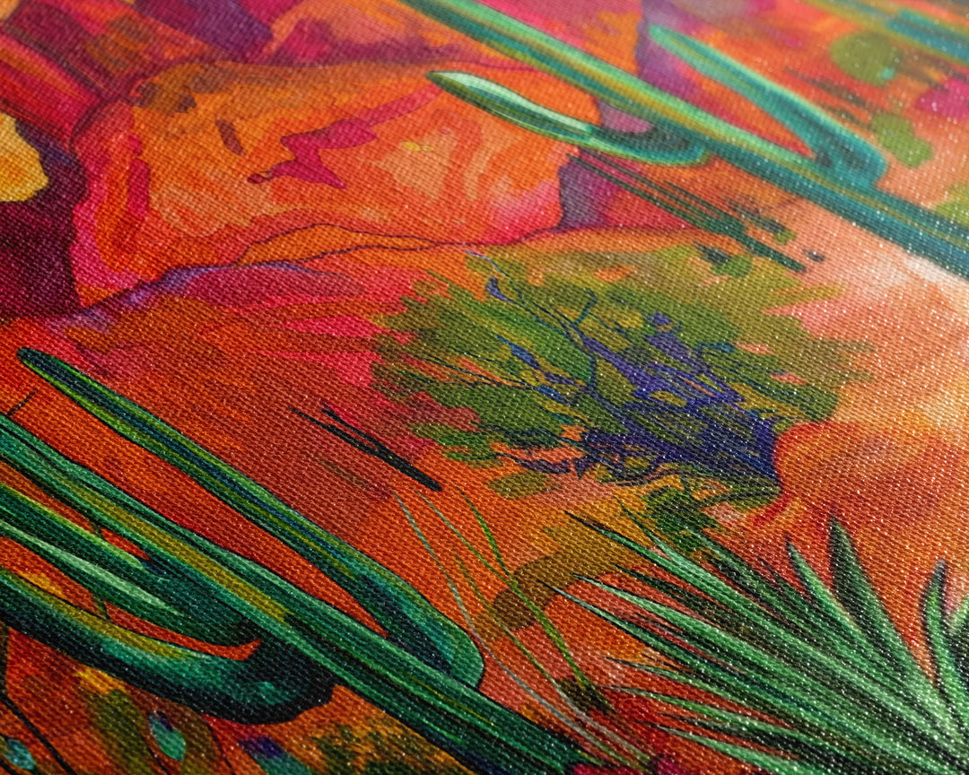 Colorful Desert Landscape with Cacti and Mountains, Stunning Framed Canvas Print for Living Room, Boho Wall Art, Nature Decor