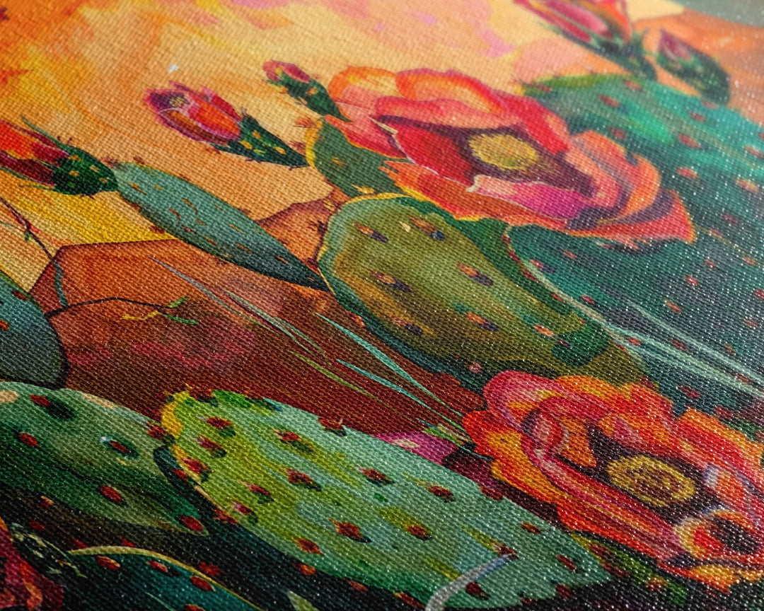 Prickly pear cacti with vibrant blooms in desert scene, Framed Canvas Print, great for modern living room, boho wall decor