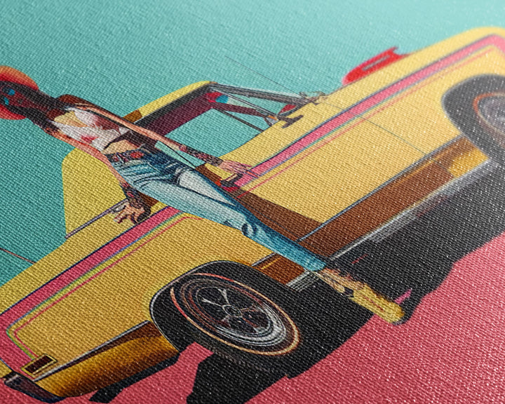 Bold Cowgirl Posing with Yellow Car, Pop Art Framed Canvas Print for Living Room, Ideal Bedroom Wall Art, Unique Home Decor