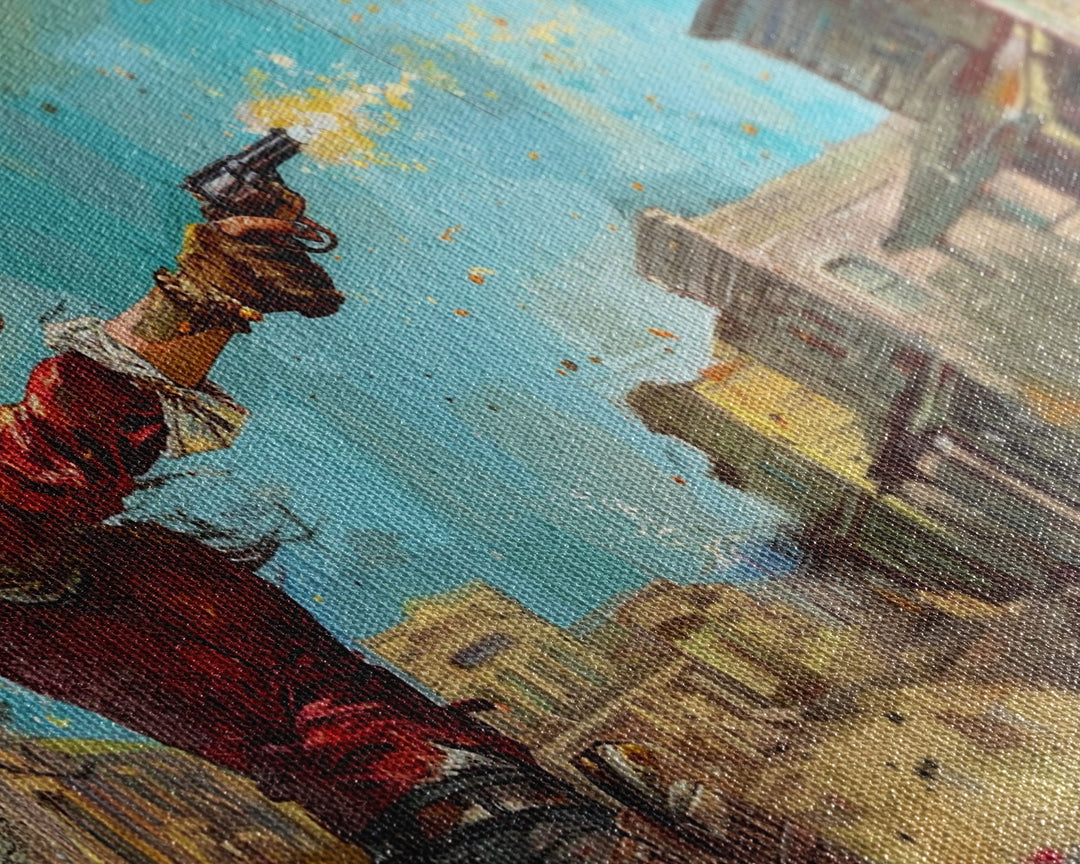 Framed Canvas Print Featuring Western Woman Shooting Revolver in Colorful Town, Ideal for Living Room Wall Art, Bedroom Decor