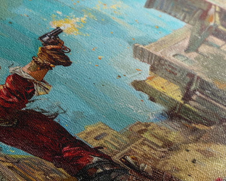 Framed Canvas Print Featuring Western Woman Shooting Revolver in Colorful Town, Ideal for Living Room Wall Art, Bedroom Decor