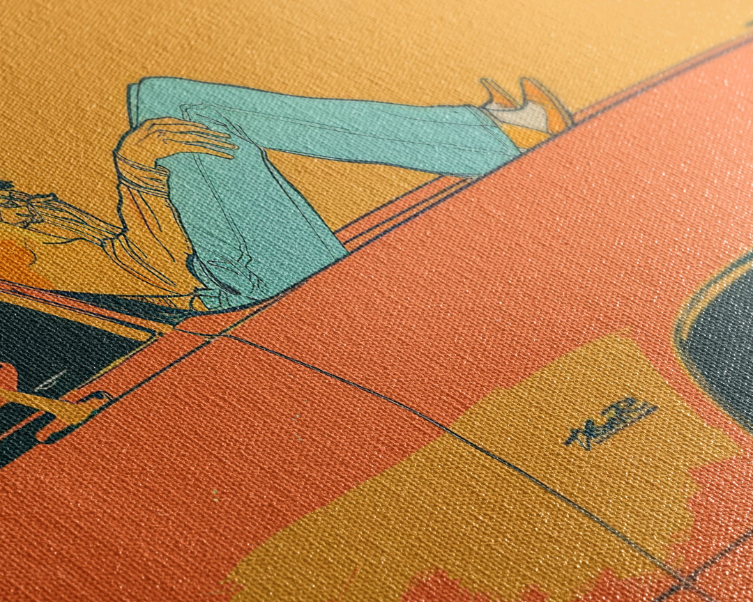 Relaxed Cowgirl Sitting on Car Hood, Retro Framed Canvas Print for Bedroom, Perfect Living Room Art, Vintage Wall Decor